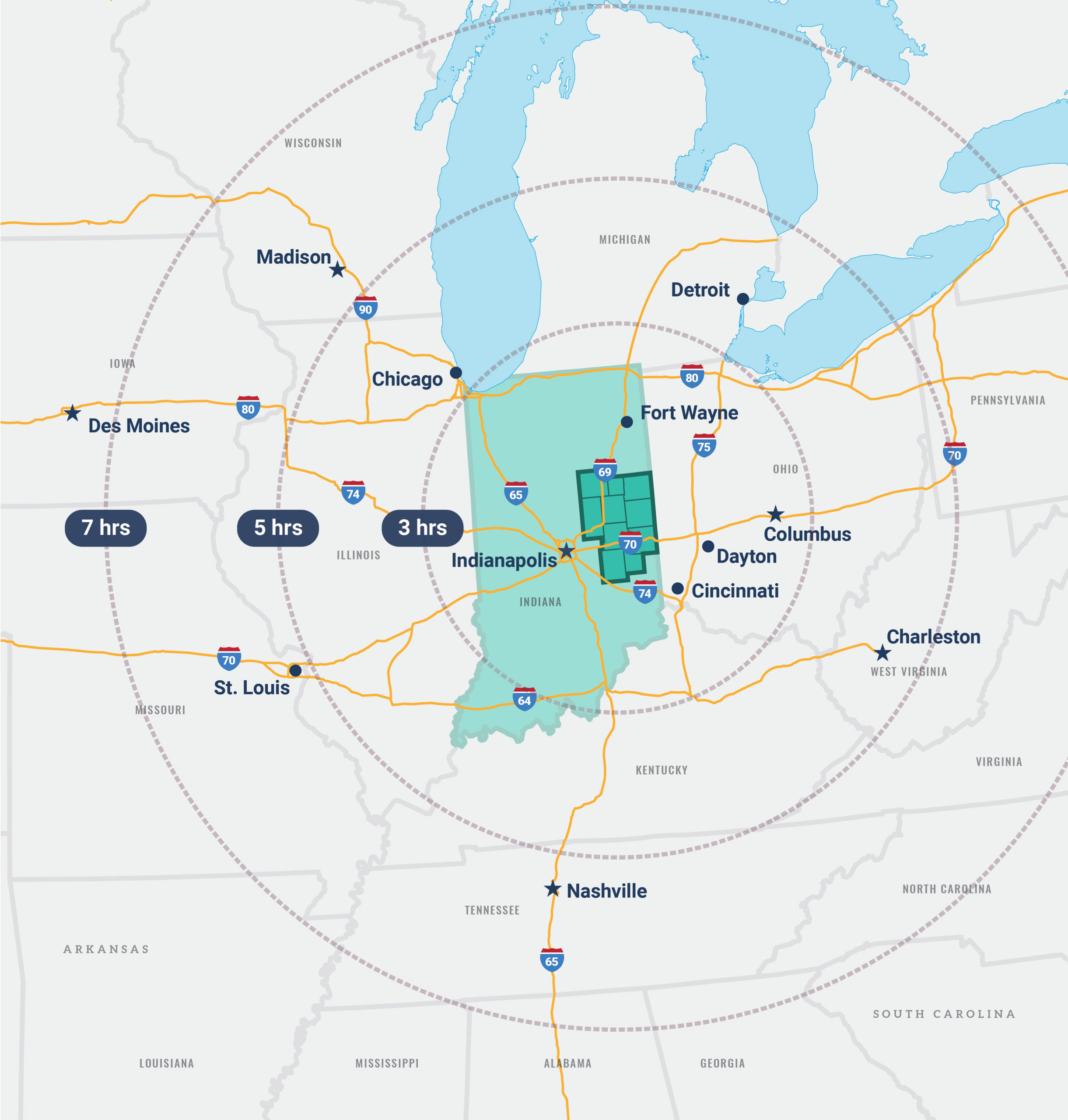 View of map showing drive times to major cities and states outside of East Central Indiana