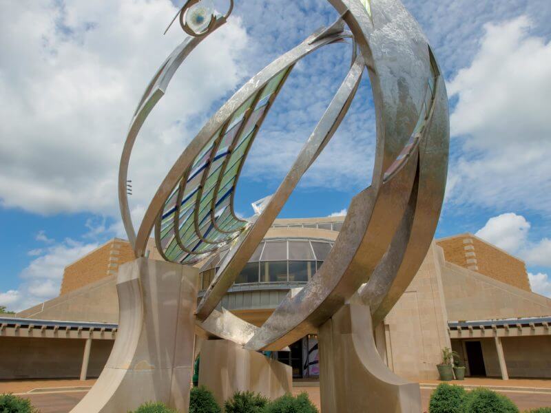 The Catalyst sculpture stands in front of the Minnetrista Center Building at Minnetrista in Muncie, Indiana