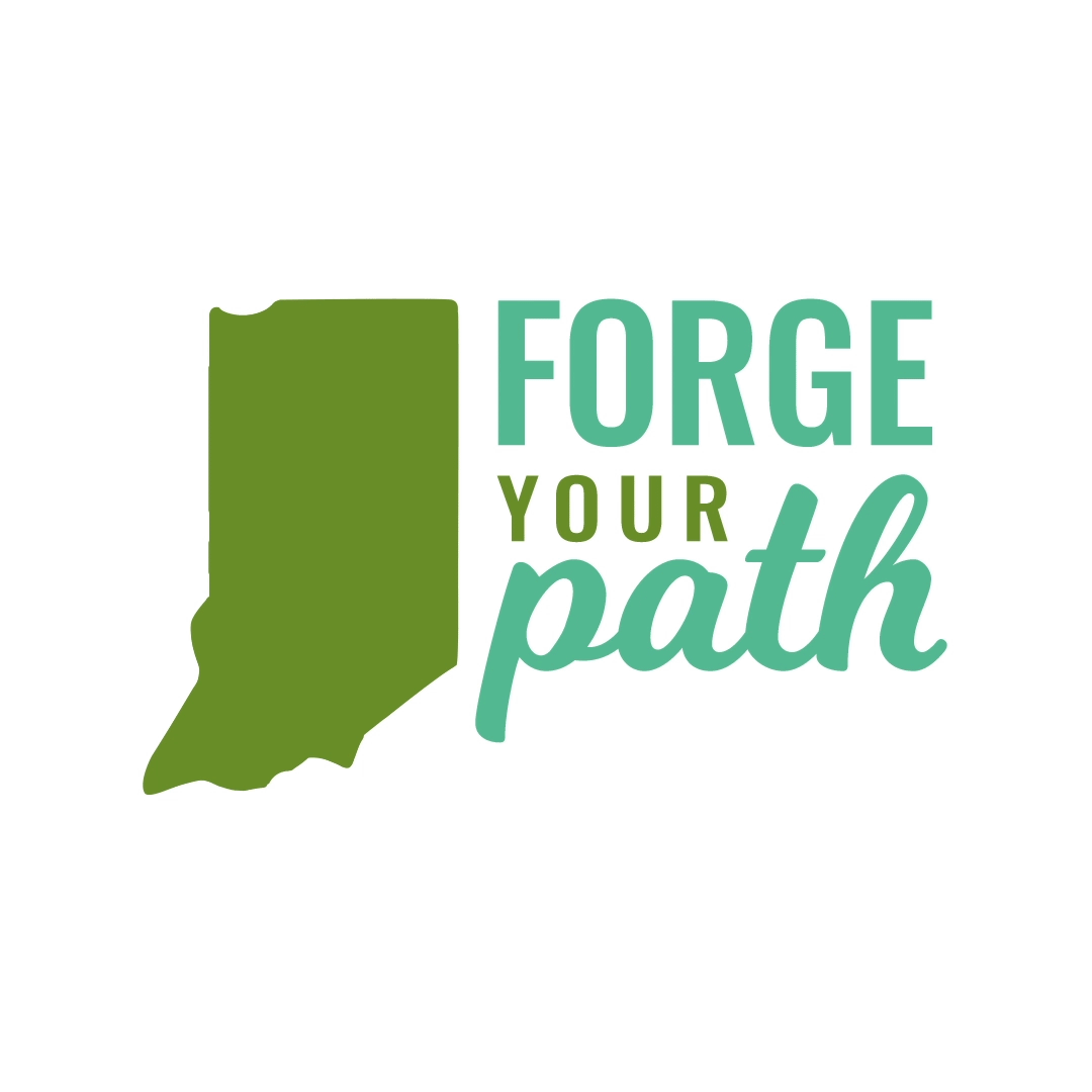 An animated shape of the state of Indiana, with roads appearing and crossing over the state to make a mosaic. The East Central region stands out. Text reads: "Forge Your Path, East Central Indiana."