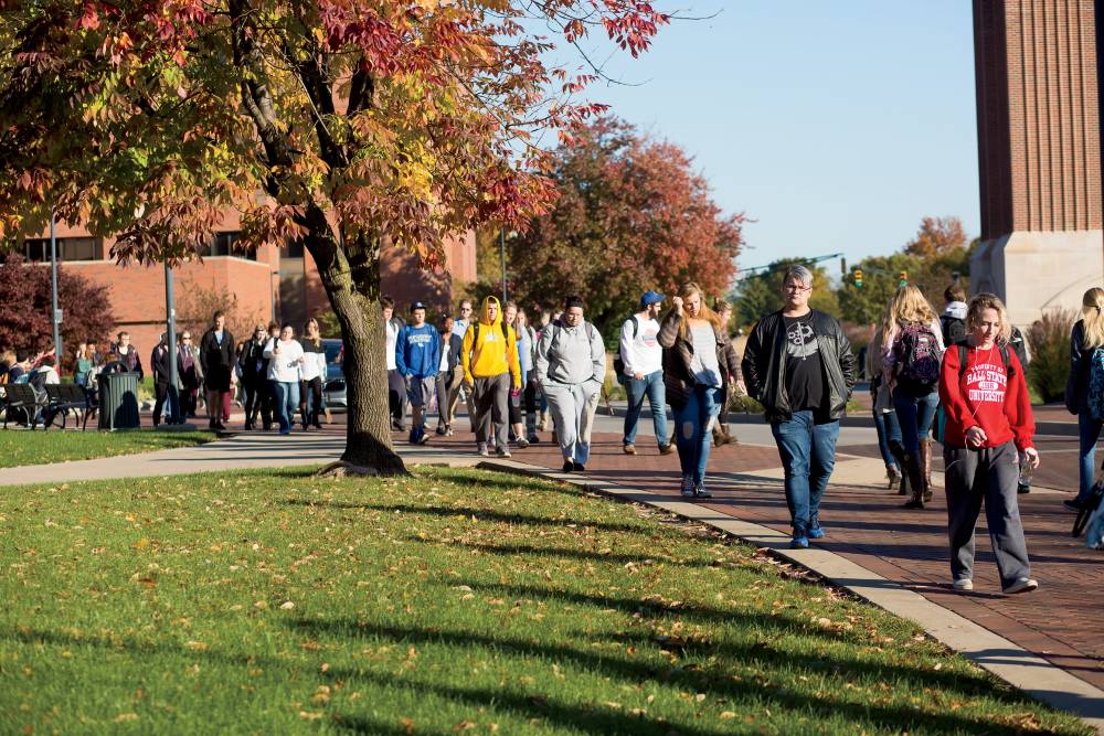 ball state students walking on campus